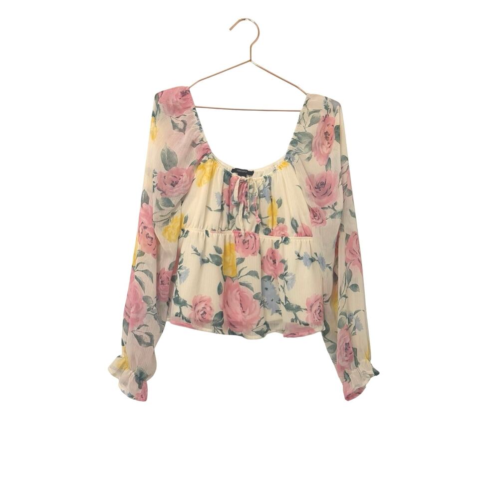 Forever 21 Floral Scoop-Neck Long Sleeve Blouse - Pink & Yellow on Cream